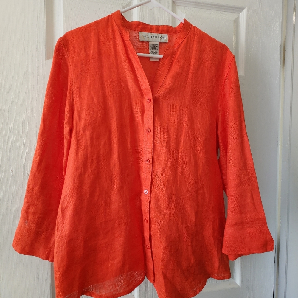 100% Linen Blouse V-Neck Coastal  Oversized 3/4 Sleeves Orange Red Sz M/L